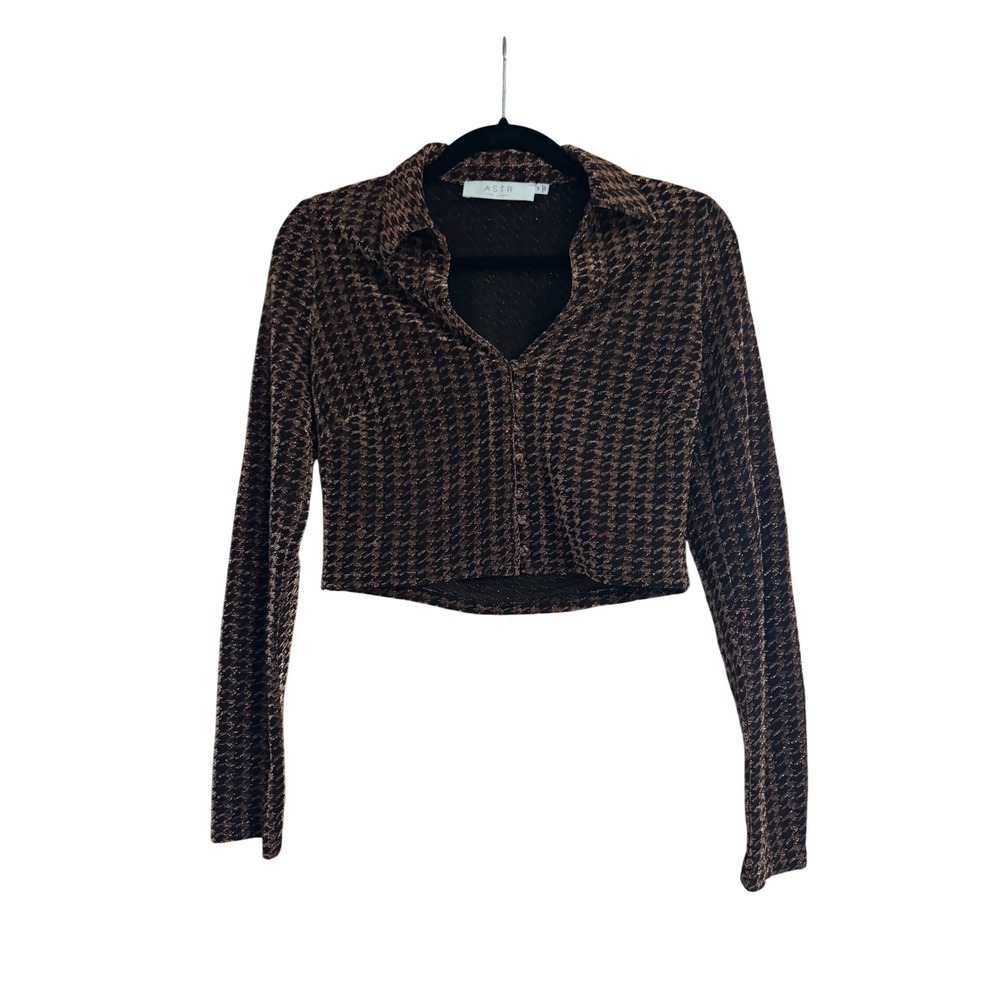 ASTR The Label Copper Houndstooth Metallic Cropped Cardigan Top Womens Medium